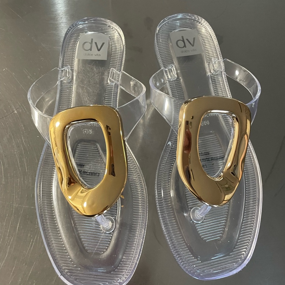 DV by Dolce Vita Clear Jelly Sandals with Gold Sculpted Ornaments